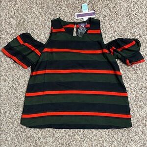 Striped Cold Shoulder Blouse - Red and Green